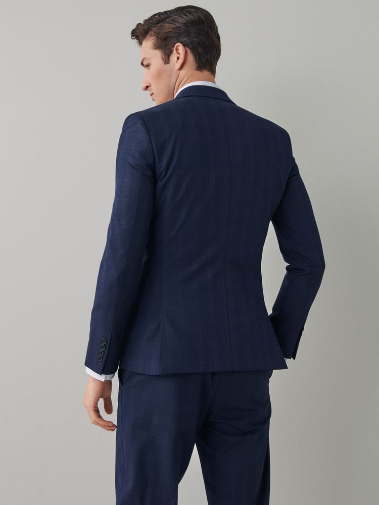 Navy Slim Motion Flex Stretch Check Suit Jacket - Image 2 of 7