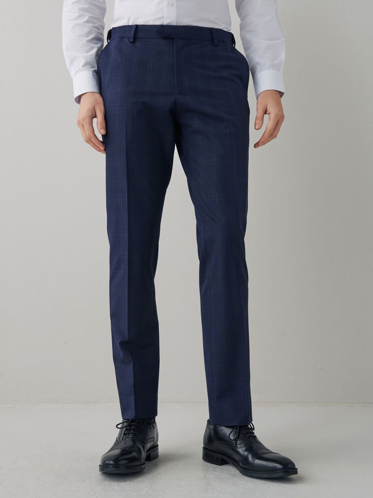 Navy Blue Slim Fit Motion Flex Stretch Check Suit: Trousers - Image 1 of 5