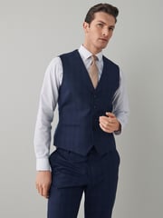 Navy Blue Motion Flex Stretch Check Suit Waistcoat - Image 1 of 13