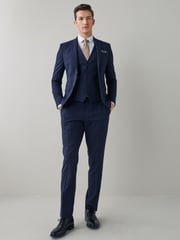Navy Blue Motion Flex Stretch Check Suit Waistcoat - Image 3 of 13