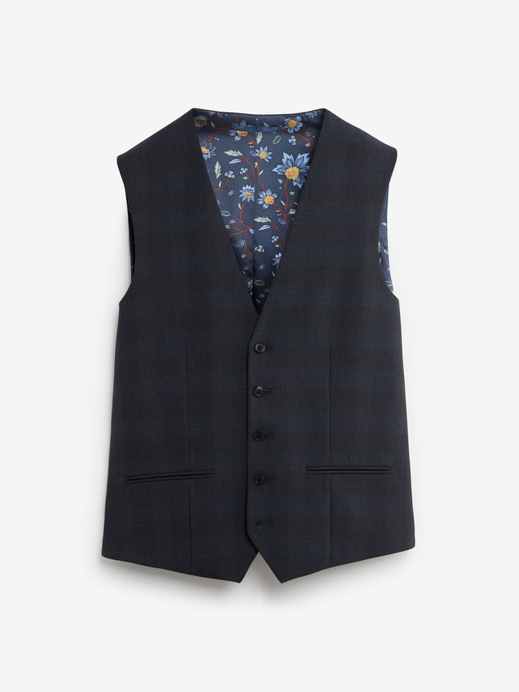 Mid Blue Motion Flex Stretch Check Suit: Waistcoat - Image 1 of 6