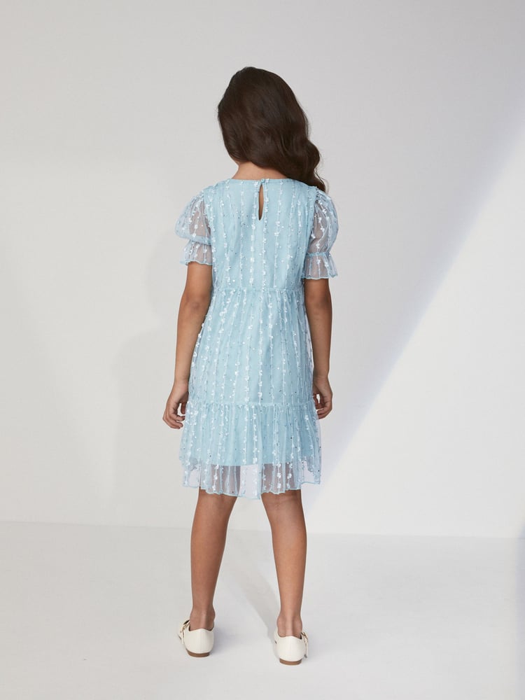 Mint Green Sparkle Mesh Short Sleeve Tiered Party Dress (3-16yrs) - Image 1 of 7