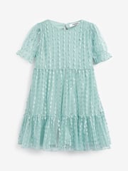 Mint Green Sparkle Mesh Short Sleeve Tiered Party Dress (3-16yrs) - Image 4 of 7