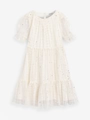 Ivory White Sparkle Mesh Short Sleeve Tiered Party Dress (3-16yrs) - Image 1 of 3