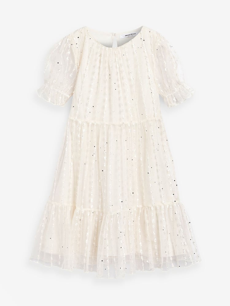 Ivory White Sparkle Mesh Short Sleeve Tiered Party Dress (3-16yrs) - Image 1 of 3