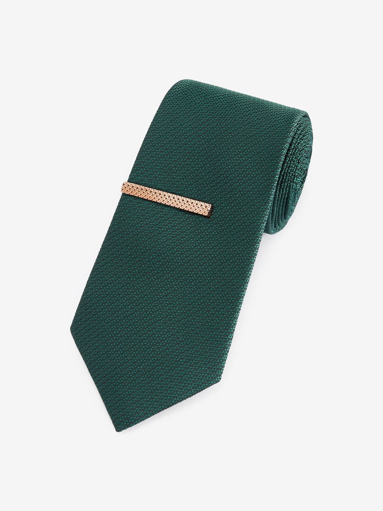 Dark Green Textured Tie And Clip Set - Image 1 of 3