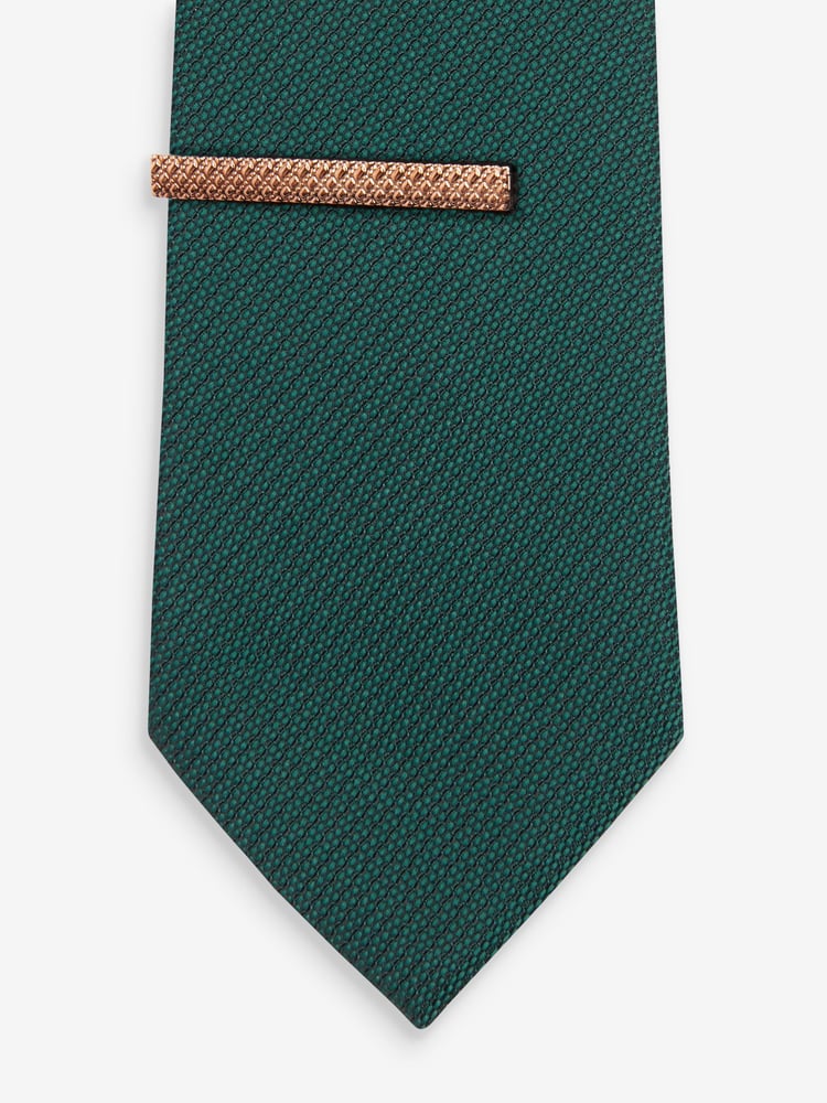 Dark Green Textured Tie And Clip Set - Image 2 of 3
