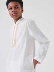 White/Gold Regular Length Embroidered Boys Kurta (3-16yrs) - Image 4 of 9