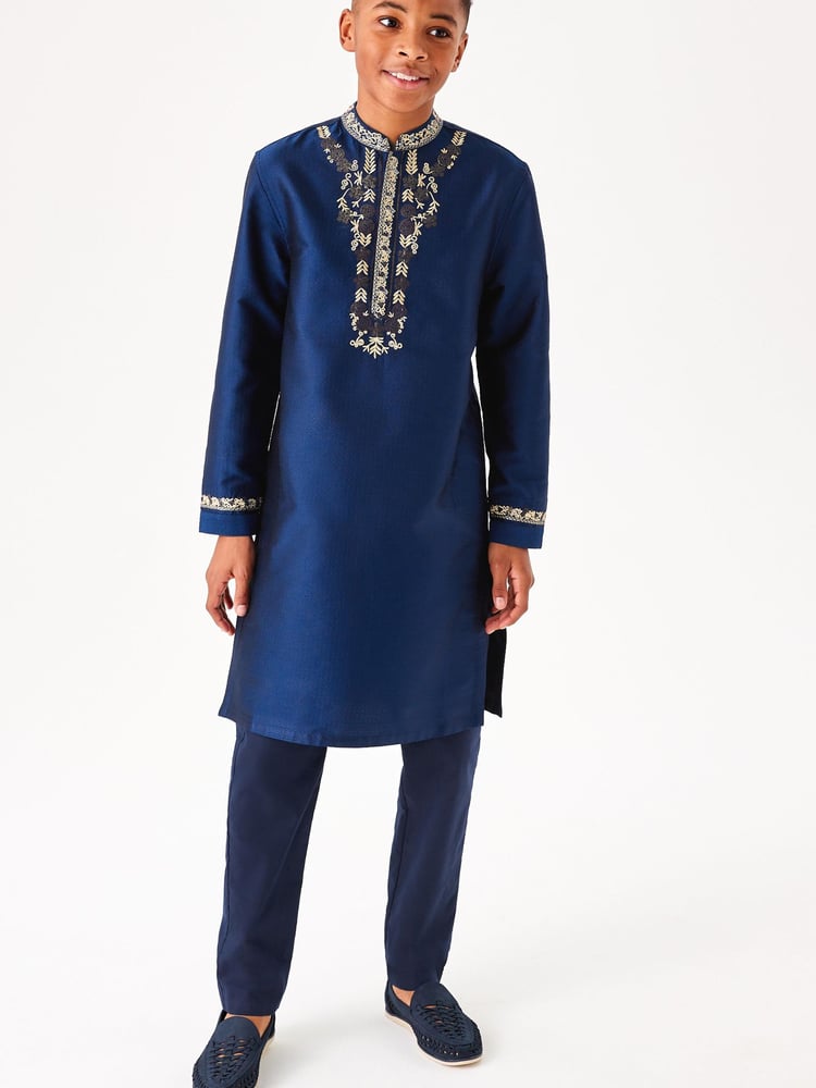 Navy Blue & Gold Regular Length Embroidered Boys Kurta (3-16yrs) - Image 1 of 12 Navy Blue & Gold Regular Length Embroidered Boys Kurta (3-16yrs) - Image 1 of 12