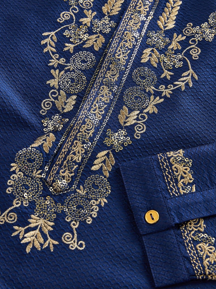 Navy Blue & Gold Regular Length Embroidered Boys Kurta (3-16yrs) - Image 12 of 12 Navy Blue & Gold Regular Length Embroidered Boys Kurta (3-16yrs) - Image 12 of 12