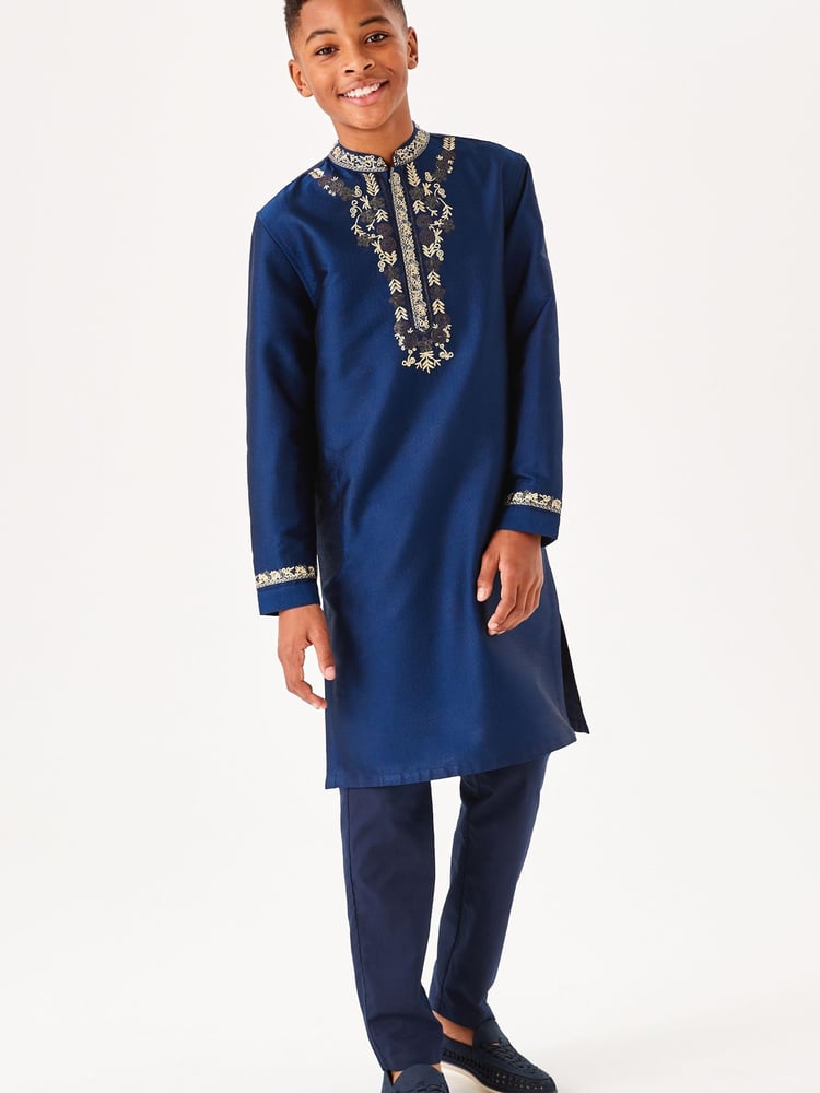 Navy Blue & Gold Regular Length Embroidered Boys Kurta (3-16yrs) - Image 2 of 12 Navy Blue & Gold Regular Length Embroidered Boys Kurta (3-16yrs) - Image 2 of 12