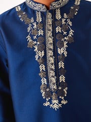 Navy Blue & Gold Regular Length Embroidered Boys Kurta (3-16yrs) - Image 4 of 12