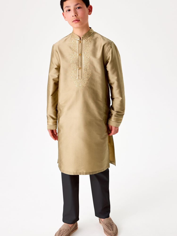 Gold Regular Length Embroidered Boys Kurta (3-16yrs) - Image 1 of 8 Gold Regular Length Embroidered Boys Kurta (3-16yrs) - Image 1 of 8