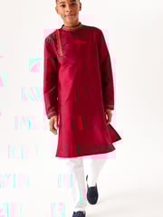 Red Regular Length Embroidered Boys Kurta (3-16yrs) - Image 1 of 10