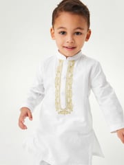 White/Gold Regular Length Embroidered Boys Kurta (3mths-7yrs) - Image 1 of 8