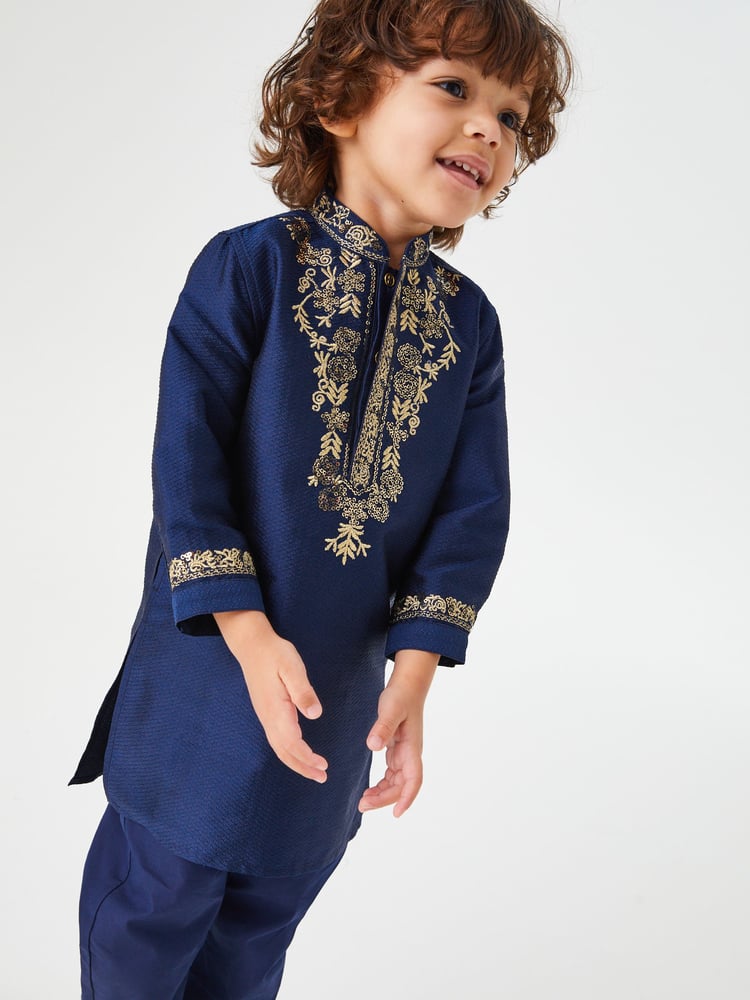 Blue/Gold Regular Length Embroidered Boys Kurta (3mths-7yrs) - Image 1 of 7 Blue/Gold Regular Length Embroidered Boys Kurta (3mths-7yrs) - Image 1 of 7