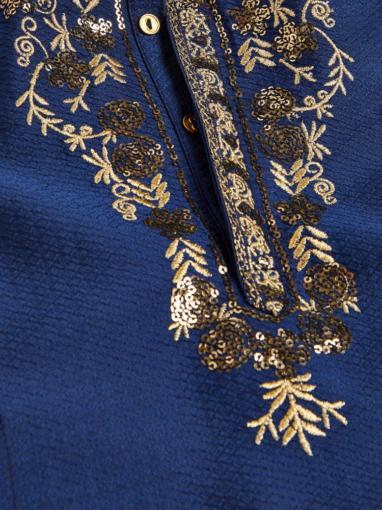 Blue/Gold Regular Length Embroidered Boys Kurta (3mths-7yrs) - Image 7 of 7