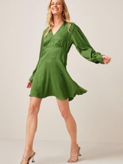 Olive Green Satin Jacquard Mini Dress - Image 1 of 5
