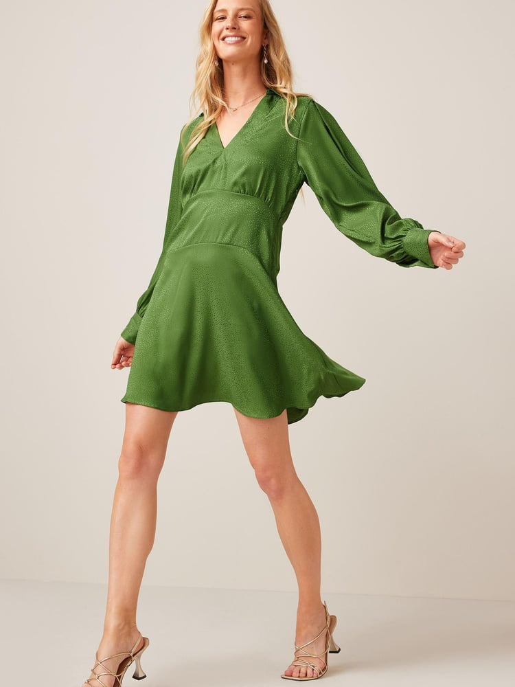 Olive Green Satin Jacquard Mini Dress - Image 1 of 5