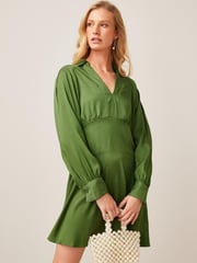 Olive Green Satin Jacquard Mini Dress - Image 2 of 5