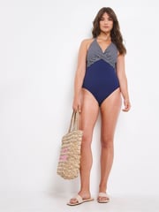 Figleaves Blue Tailor Twist Underwired Longer Length Halter Tummy Control Swimsuit - Image 1 of 5