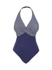 Figleaves Blue Tailor Twist Underwired Longer Length Halter Tummy Control Swimsuit - Image 5 of 5