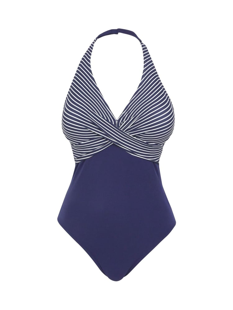 Figleaves Blue Tailor Twist Underwired Longer Length Halter Tummy Control Swimsuit - Image 5 of 5