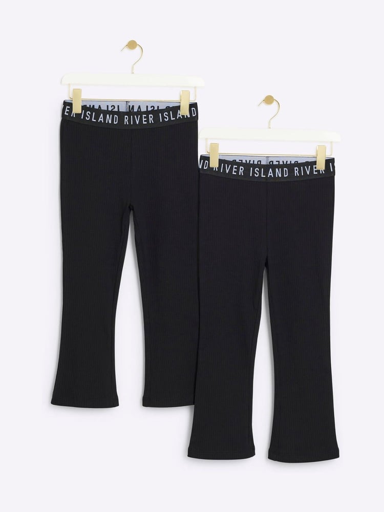 River Island Black Girls Rib Kickflare 100% Cotton Trousers 2 Pack - Image 1 of 4