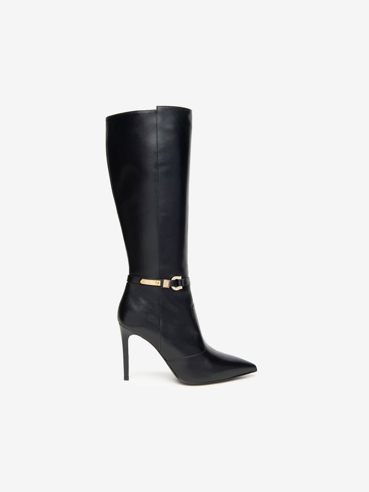 NeroGiardini Black Leather Pointed Heeled Knee High Boots - Image 2 of 5