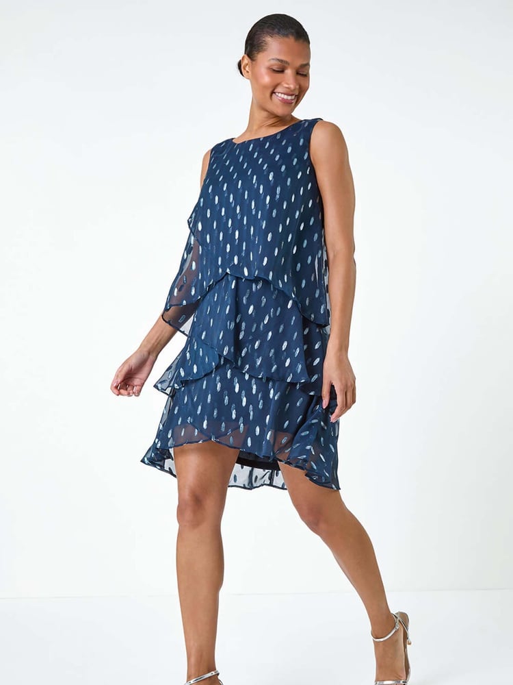 Roman Blue Shimmer Foil Print Tiered Dress - Image 1 of 5