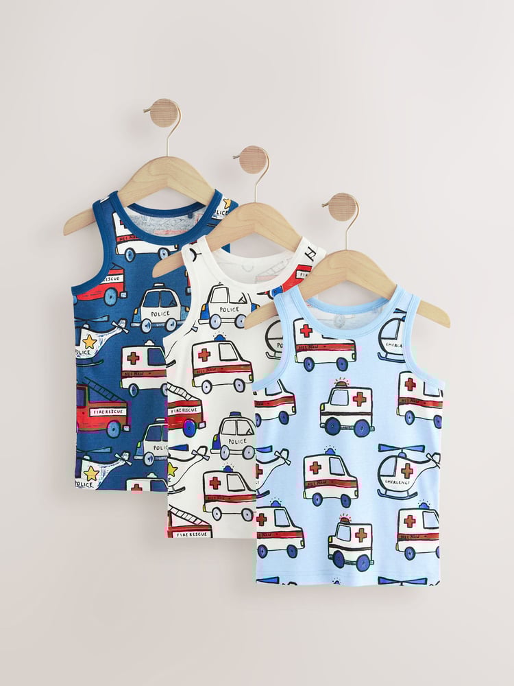 Red/Blue Emergency Vehicles 100% Cotton Vests 3 Pack (1.5-10yrs) - Image 1 of 7