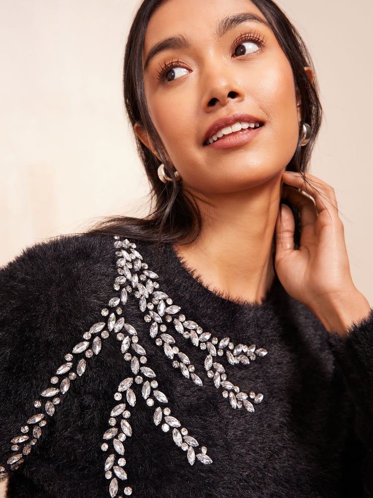 Friends Like These Black Eyelash Embellished Neck Jumper - Image 2 of 4