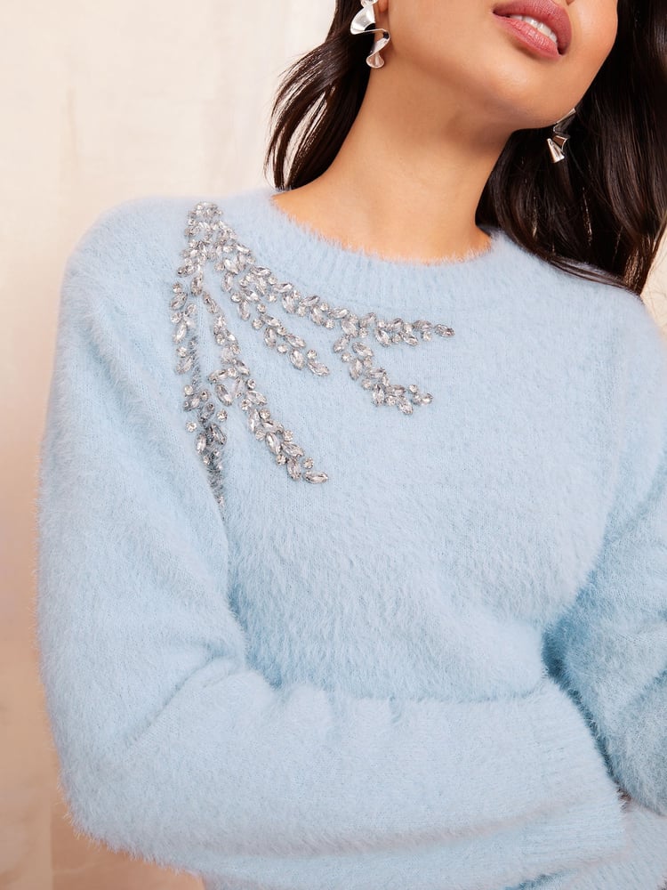 Friends Like These Blue Eyelash Embellished Neck Jumper - Image 1 of 4