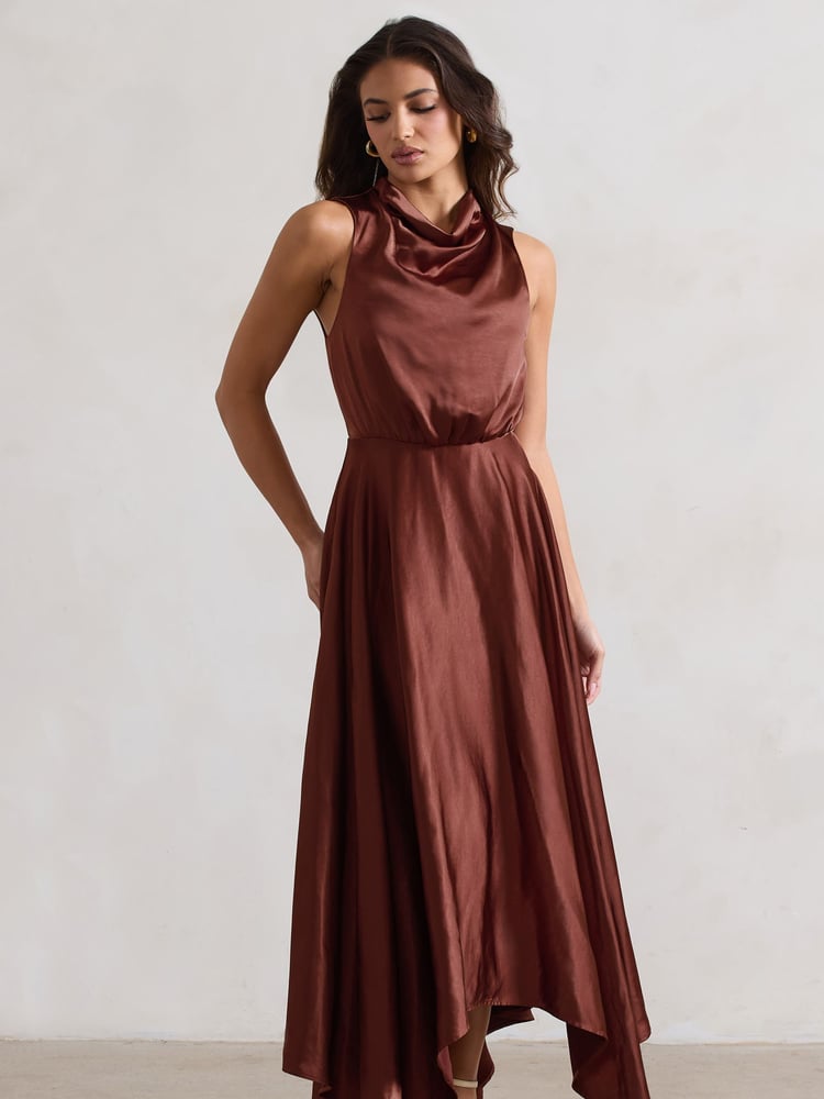 Club L London Brown Kerri Satin Cowl-Neck Maxi Dress - Image 1 of 5