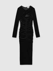 Reiss Black Sia Petite Velvet Ruched Twist-Front Midi Dress - Image 2 of 7