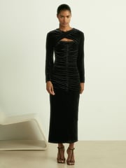 Reiss Black Sia Petite Velvet Ruched Twist-Front Midi Dress - Image 3 of 7