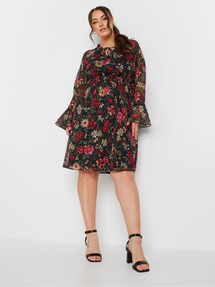 Yours Curve Red Tie Neck Chiffon Dress - Image 1 of 5