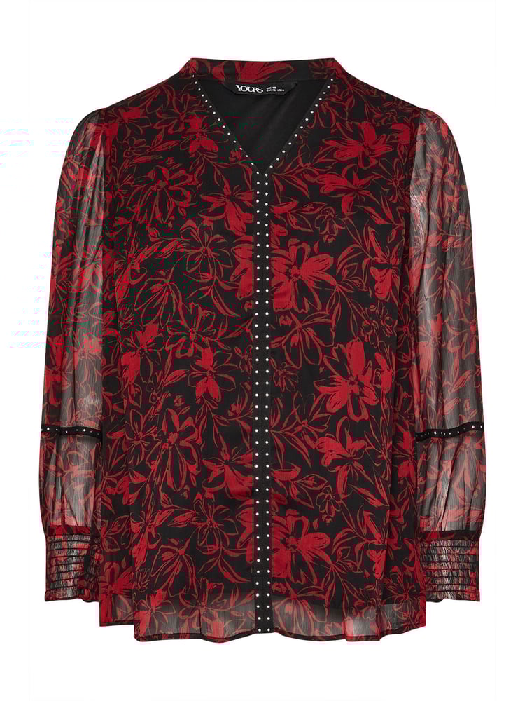 Yours Curve Red Studded Tape Chiffon Blouse - Image 5 of 5