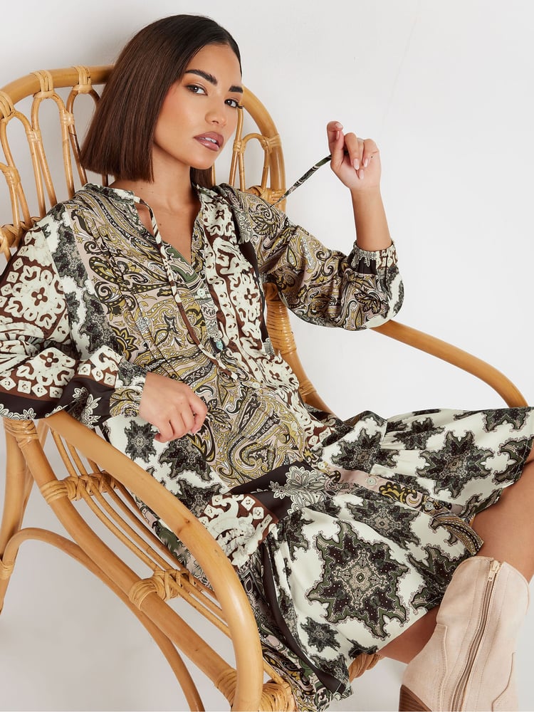 PixieGirl Petite Brown Boho Patchwork Tiered Dress - Image 1 of 4