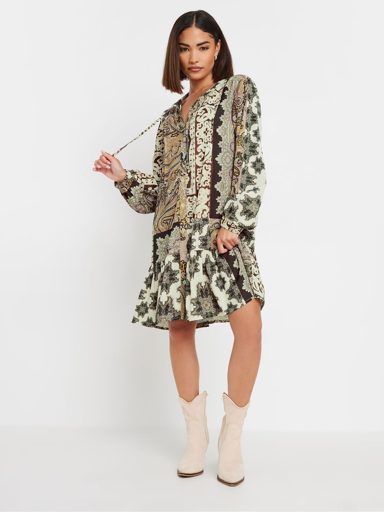 PixieGirl Petite Brown Boho Patchwork Tiered Dress - Image 2 of 4