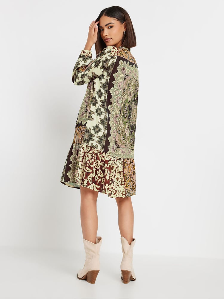 PixieGirl Petite Brown Boho Patchwork Tiered Dress - Image 4 of 4