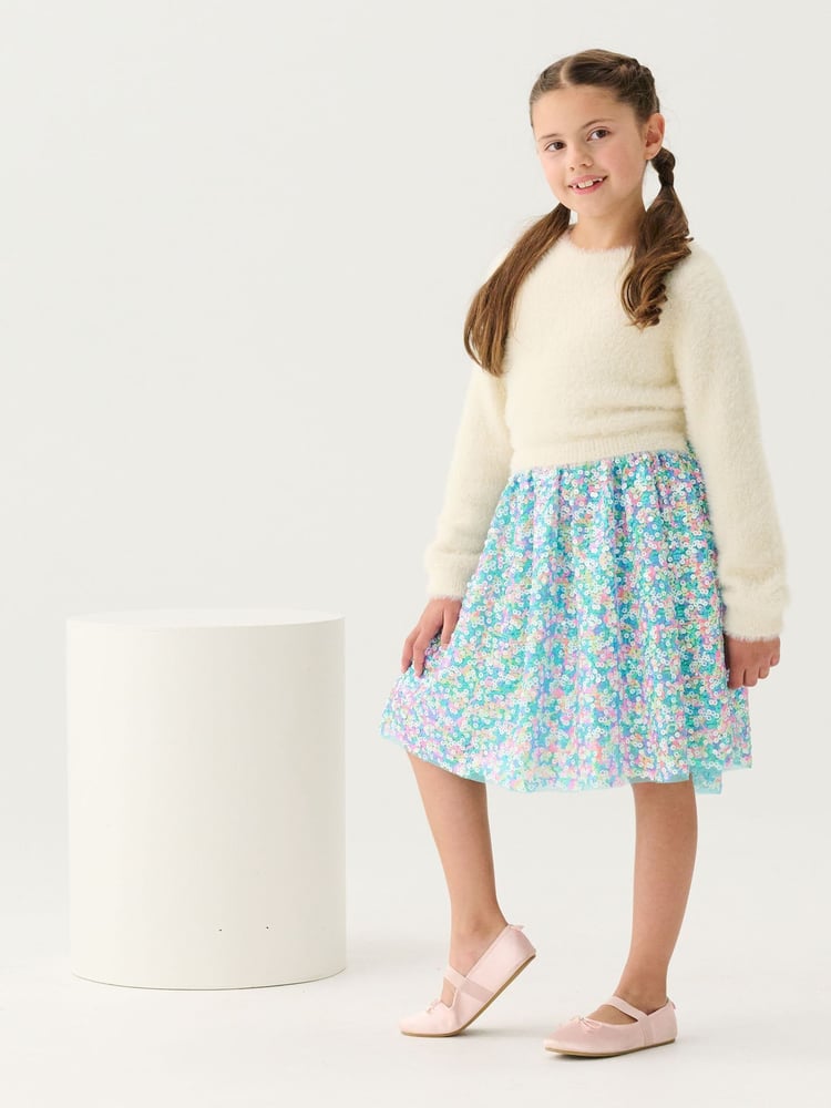 Hatley Cami Lace Fuzzy Mixed Sequin Skirt White Dress - Image 1 of 3
