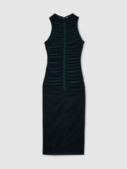 Reiss Teal Niva Racer-Front Ruched-Velvet Dress - Image 2 of 6