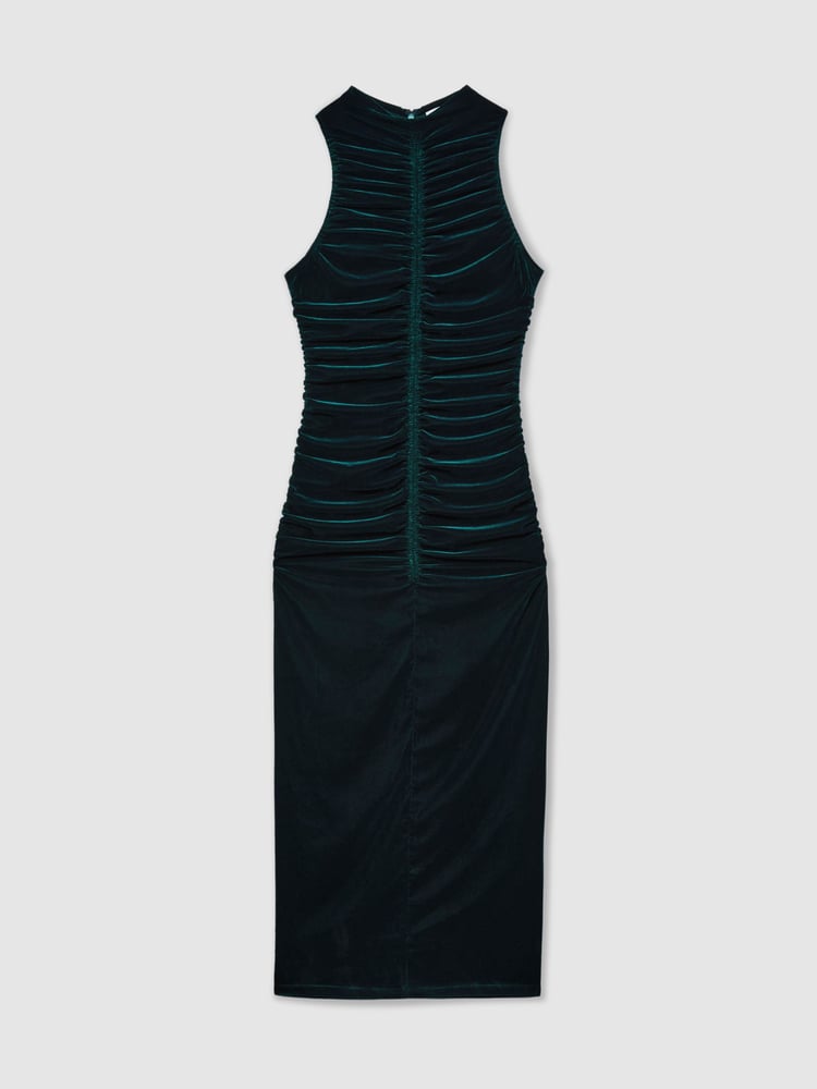 Reiss Teal Niva Racer-Front Ruched-Velvet Dress - Image 2 of 6