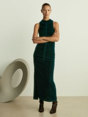 Reiss Teal Niva Racer-Front Ruched-Velvet Dress - Image 3 of 6