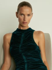 Reiss Teal Niva Racer-Front Ruched-Velvet Dress - Image 4 of 6