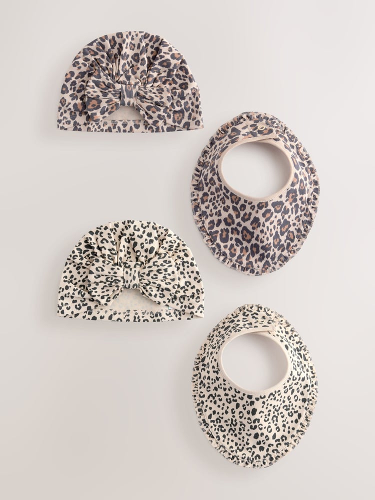 Animal Print Baby Turbans and Dribble Bibs 4 Piece Set (0mths-2yrs) - Image 1 of 7