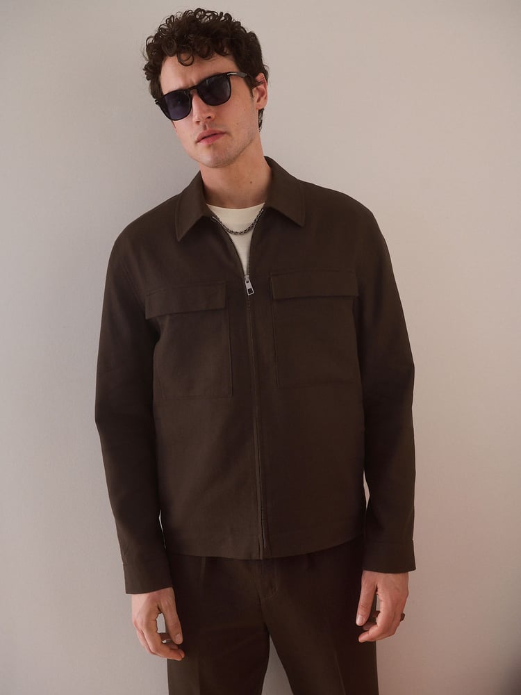 Brown Cotton Linen Blend Shacket - Image 1 of 10