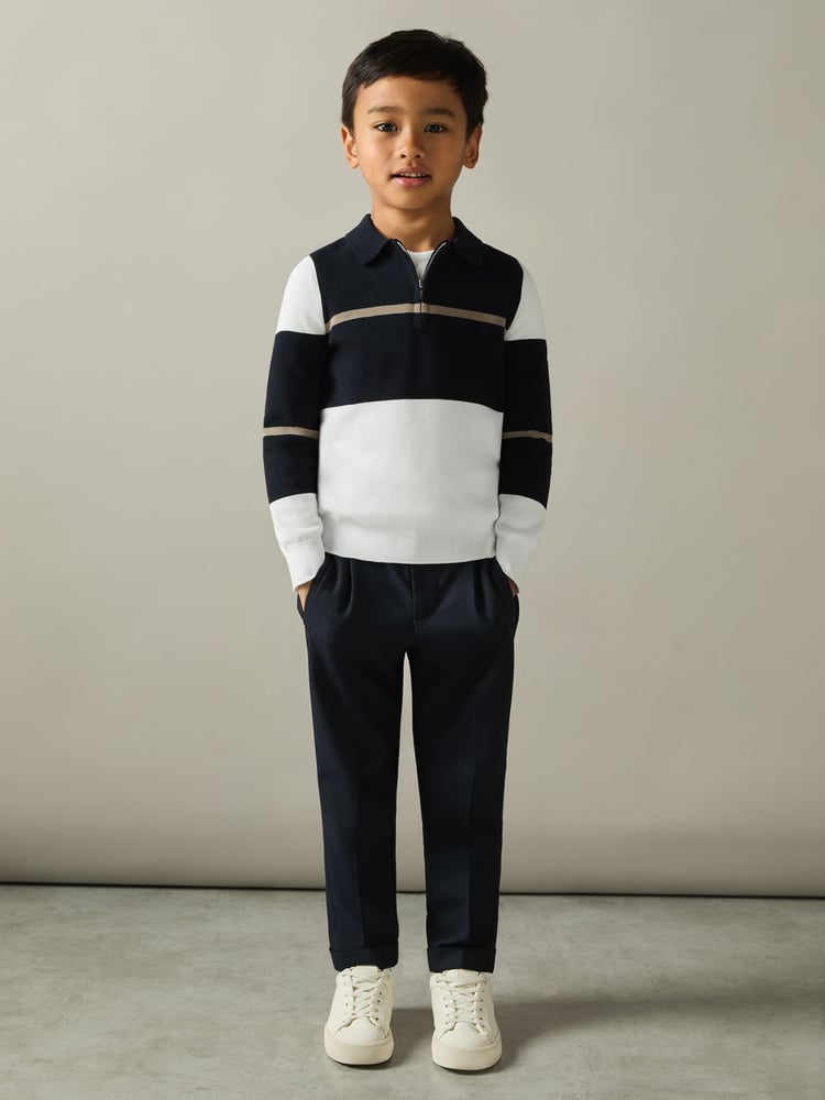 Reiss Navy/White/Camel Tokyo 9-13 yrs Colour-Block Half-Zip Polo Shirt - Image 1 of 4