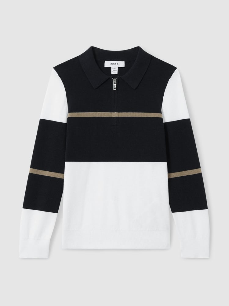Reiss Navy/White/Camel Tokyo 9-13 yrs Colour-Block Half-Zip Polo Shirt - Image 2 of 4
